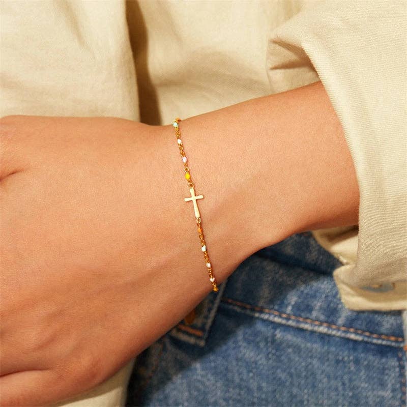 Dainty Beaded Cross Bracelet: Silver