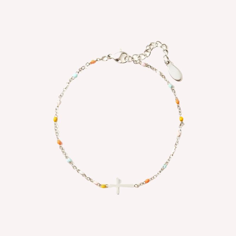 Dainty Beaded Cross Bracelet: Silver