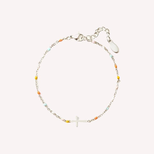 Dainty Beaded Cross Bracelet: Silver