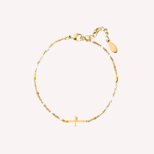 Dainty Beaded Cross Bracelet: Gold